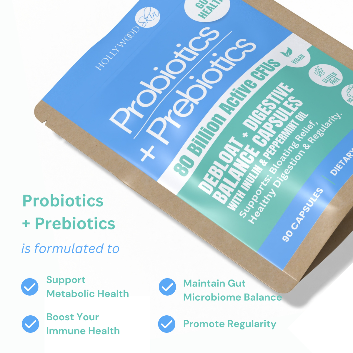 Probiotics + Prebiotics Capsules pouch beside a formula benefits overview.