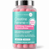 Hollywoodskin Creatine Femme+ creatine monohydrate gummies, 90 gummies in a glass jar.