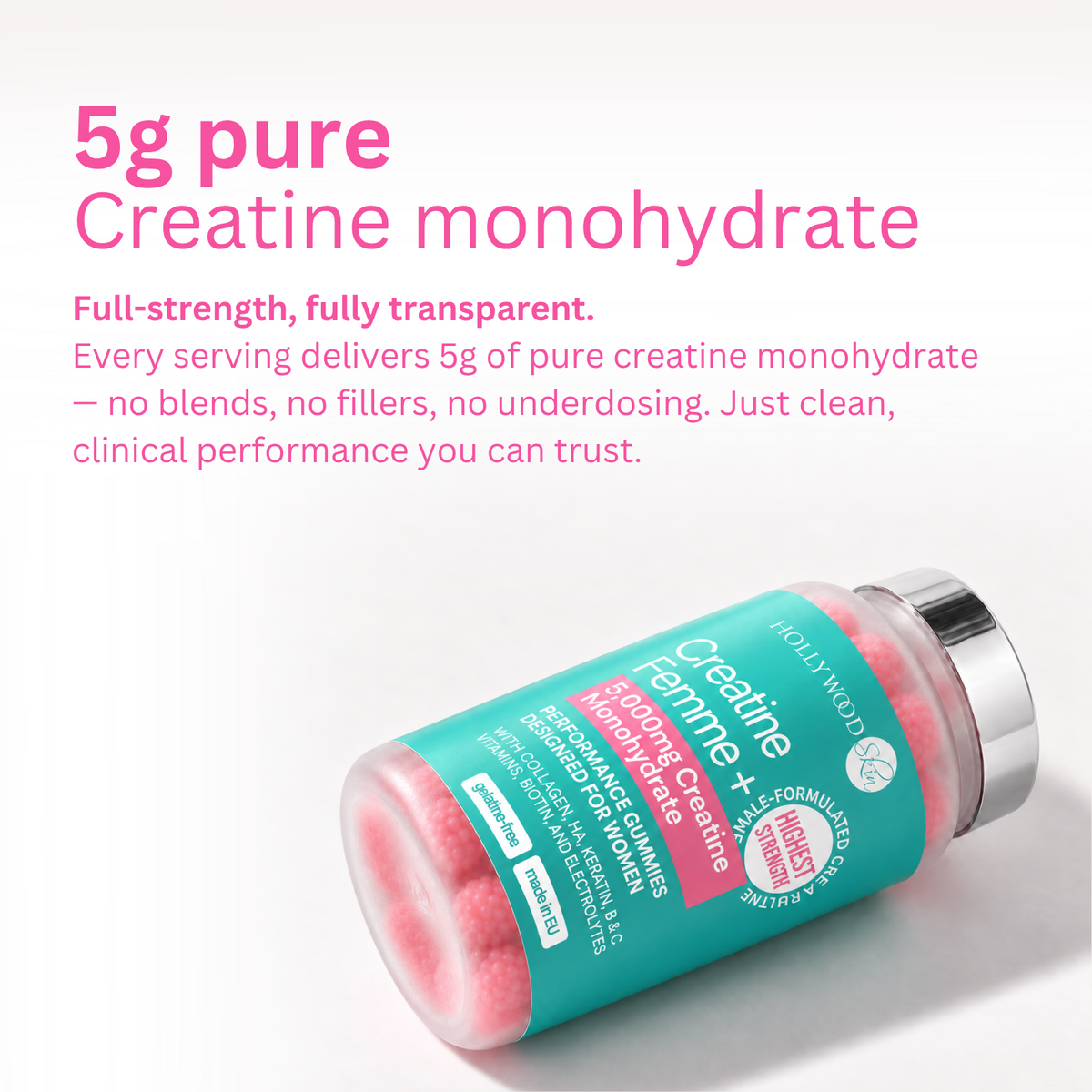 Creatine Femme+ jar showing 5 g creatine monohydrate per serving.