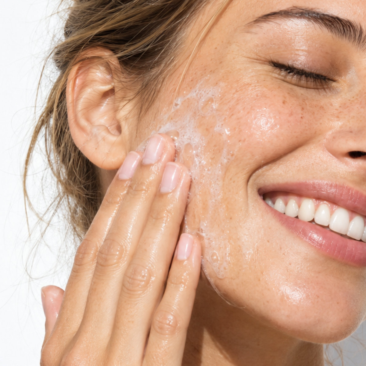 Woman gently massaging Hydra Pure Face Wash onto damp skin.