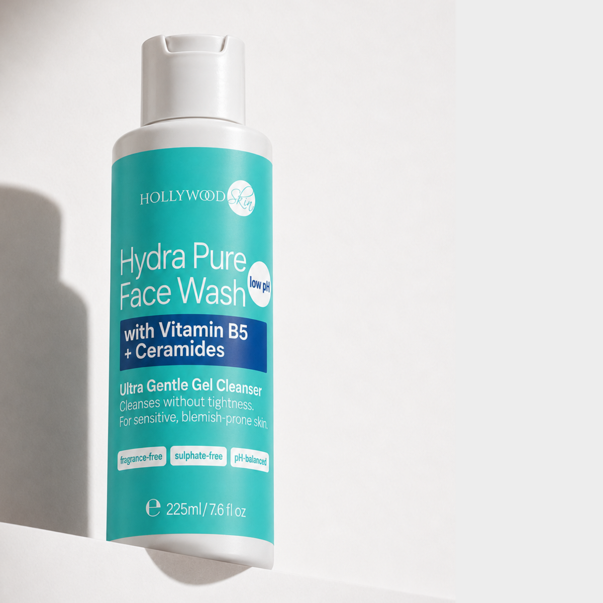 Hydra Pure Face Wash 225 ml bottle on a white ledge.