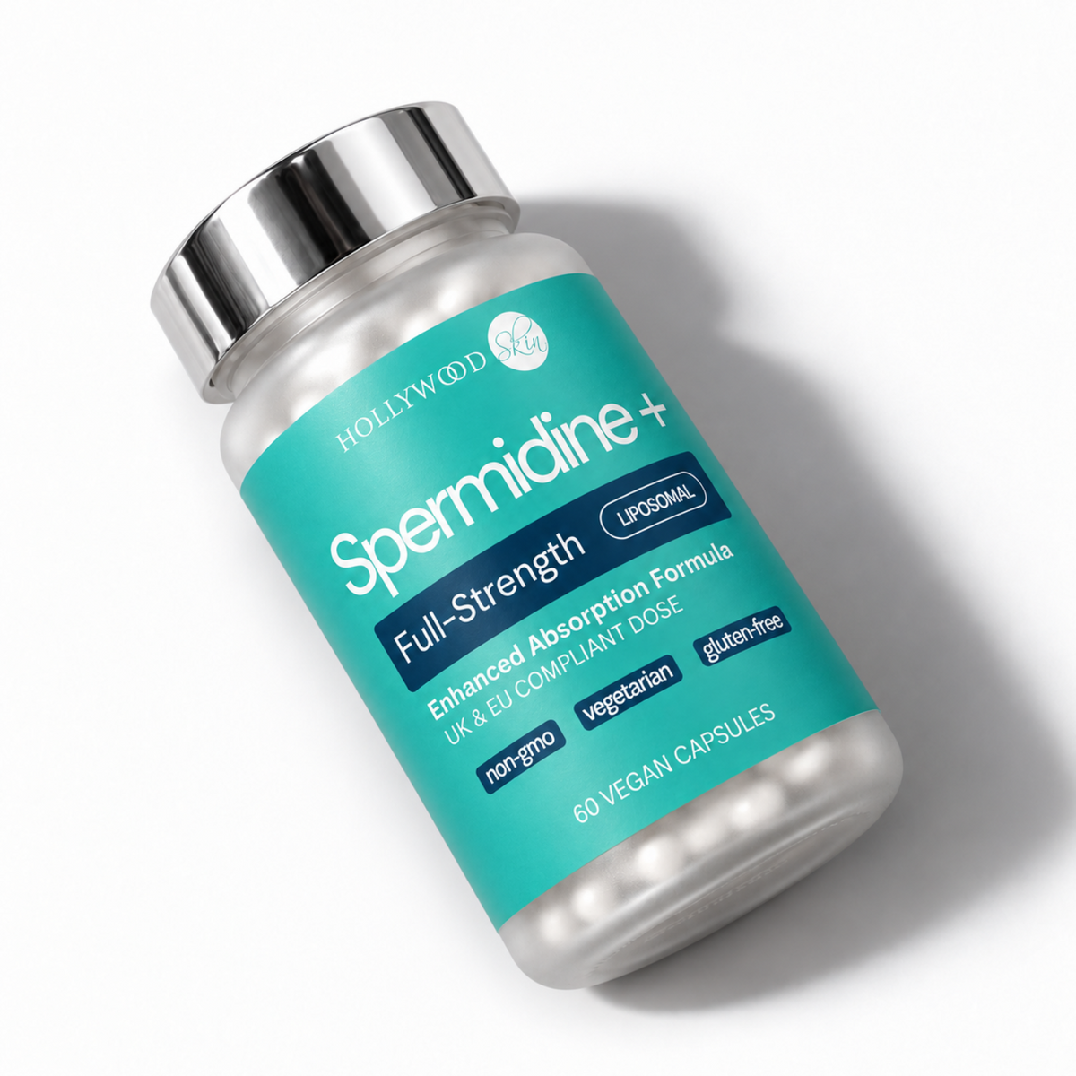 Spermidine+ bottle photographed at an angle on a pale background.