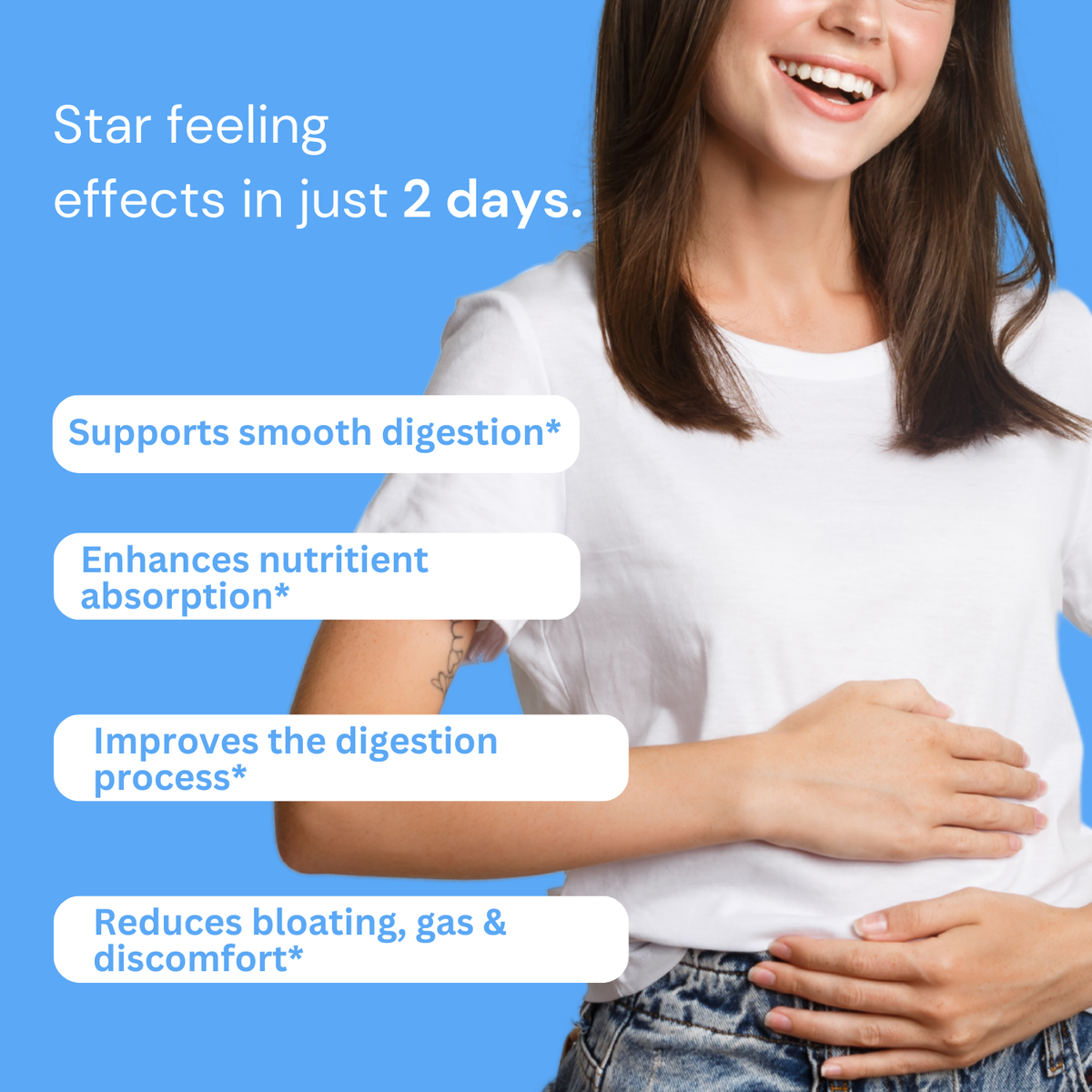 Woman with her hands on her abdomen beside a Probiotics + Prebiotics Capsules benefits infographic.