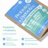 Probiotics + Prebiotics Capsules pouch beside a formula benefits overview.
