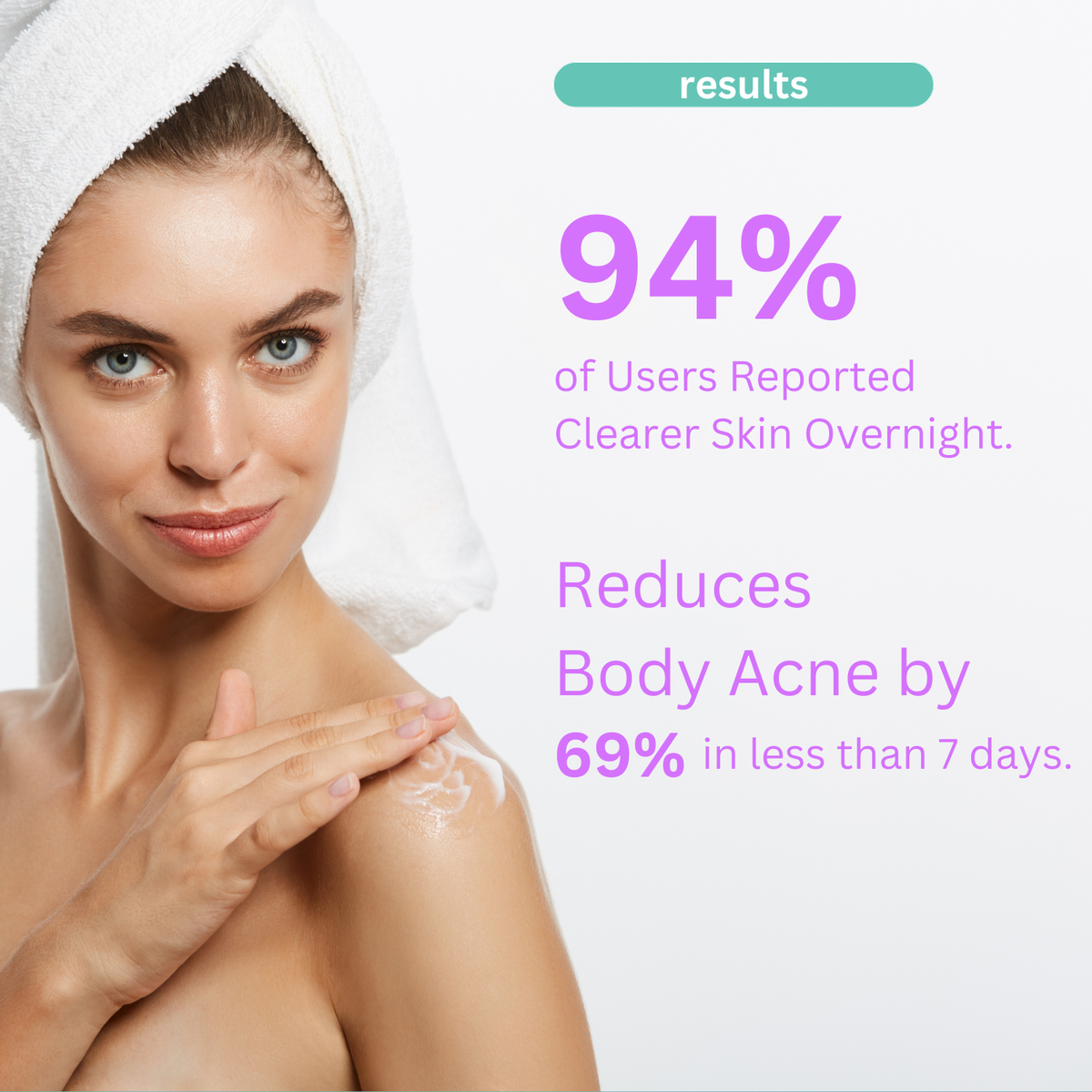 Woman in a white towel beside a Clear Skin Night Cream reported-results infographic.