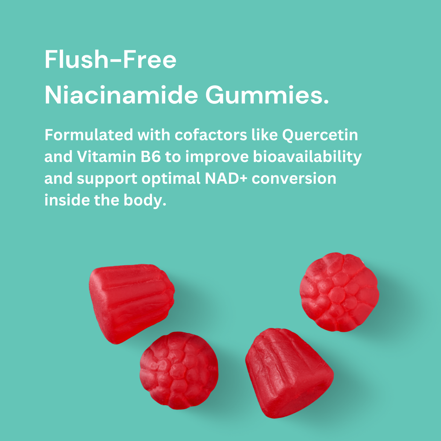 NAD+ Gummies - 800mg Niacinamide | Flush-Free B3, B12, Quercetin, L-Tryptophan & Resveratrol.