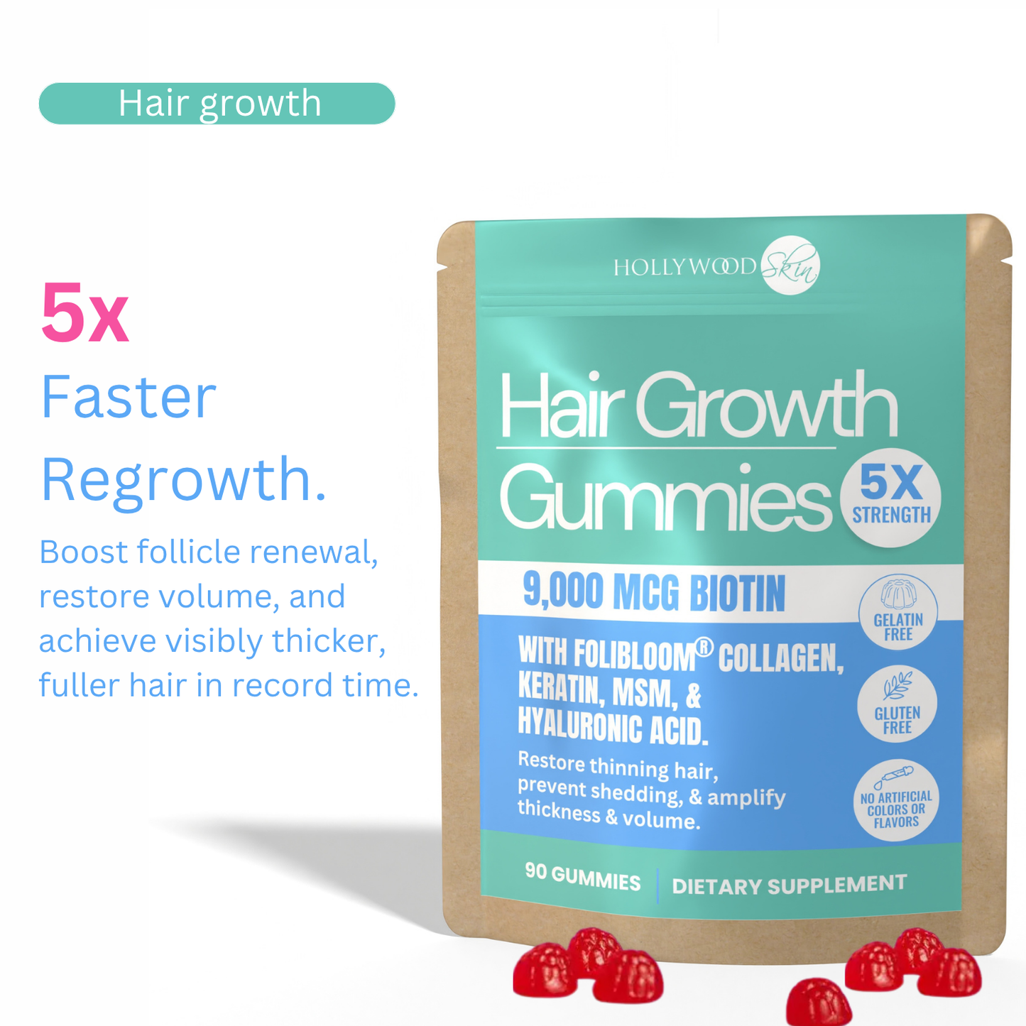 Hair Growth Gummies 〡9,000mcg Biotin, 250mg Keratin + 500mg MSM