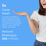 Woman presenting a Probiotics + Prebiotics Capsules reported-results infographic.