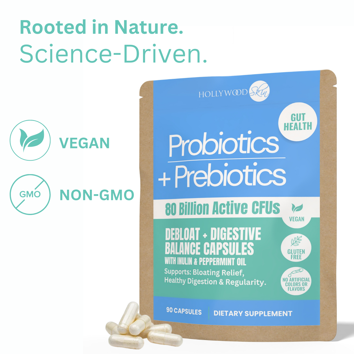 Probiotics + Prebiotics Capsules pouch with loose capsules and vegan and non-GMO icons.