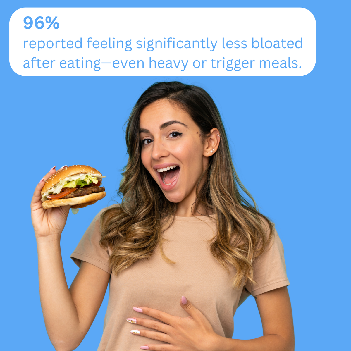 Woman holding a burger beside a Probiotics + Prebiotics Capsules reported-results graphic.