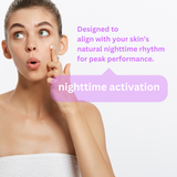 Woman touching her cheek beside a Clear Skin Night Cream nighttime-use graphic.