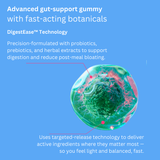 Digestive supplement delivery-system infographic with a coloured sphere illustration.