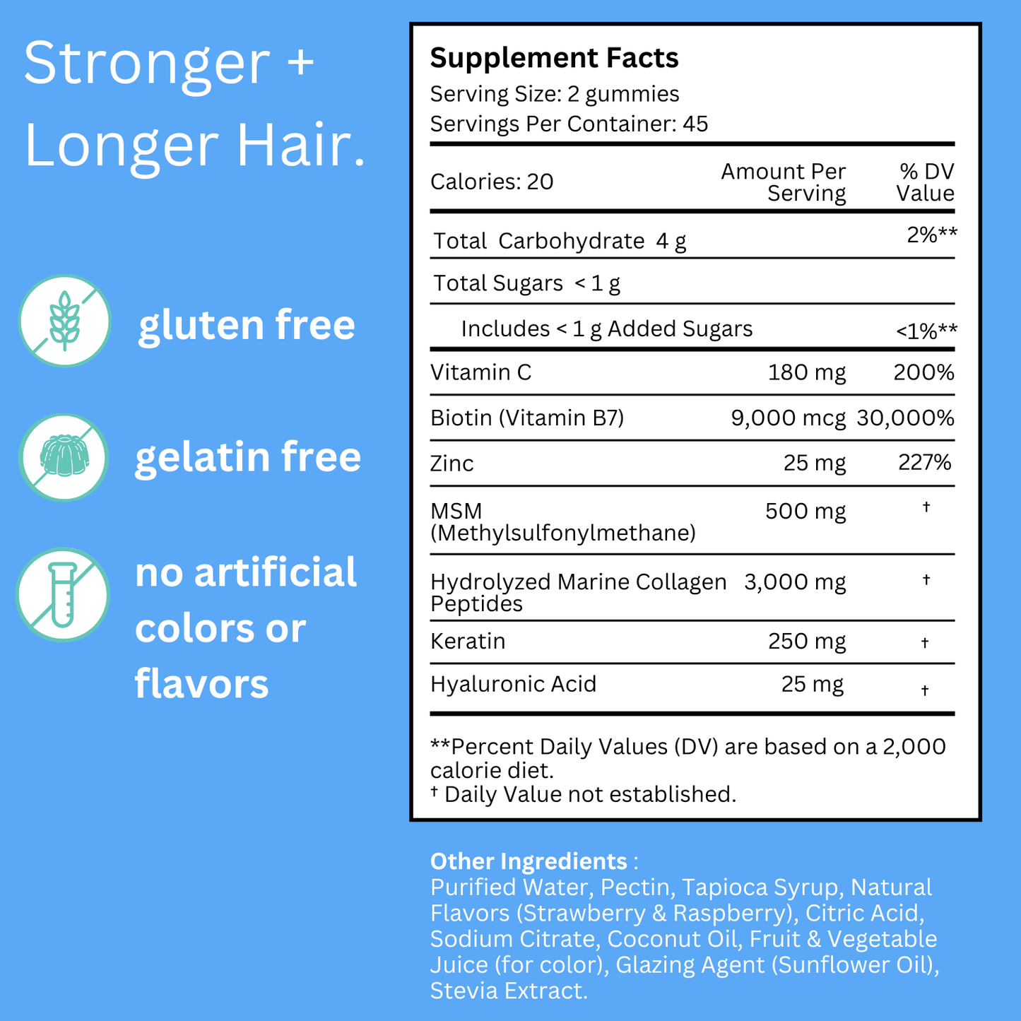 Hair Growth Gummies 〡9,000mcg Biotin, 250mg Keratin + 500mg MSM