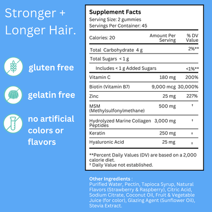 Hair Growth Gummies 〡9,000mcg Biotin, 250mg Keratin + 500mg MSM