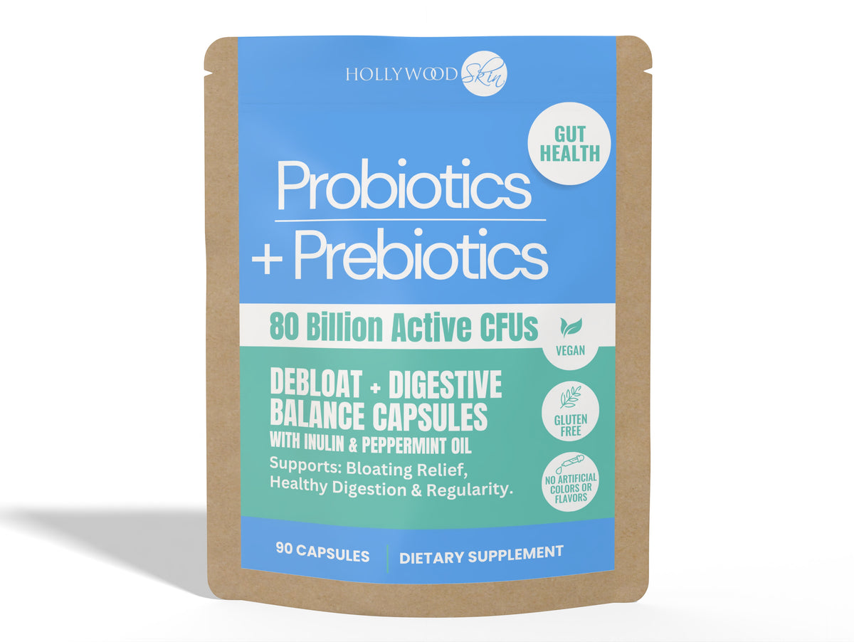 Front of the Hollywoodskin Probiotics + Prebiotics Capsules pouch.