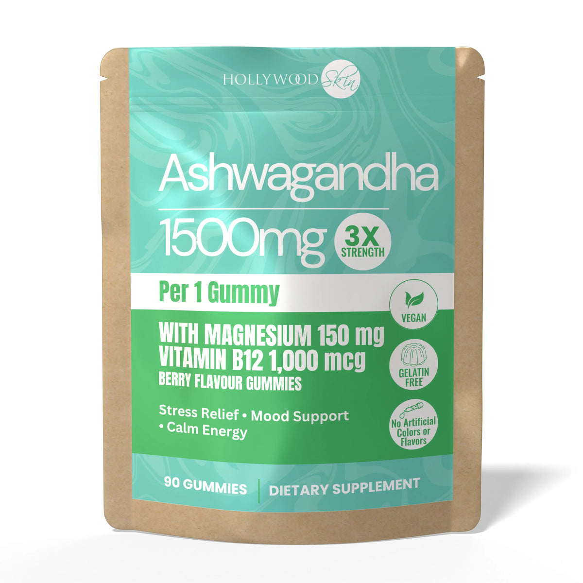 Hollywoodskin Ashwagandha Gummies pouch with 90 berry-flavoured gummies, magnesium and vitamin B12.