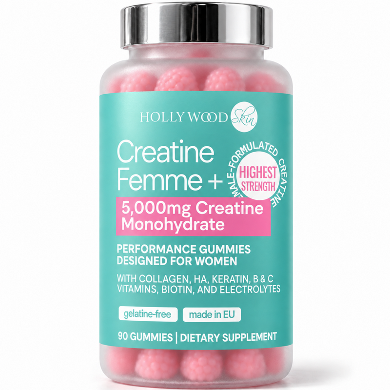 Hollywoodskin Creatine Femme+ creatine monohydrate gummies, 90 gummies in a glass jar.