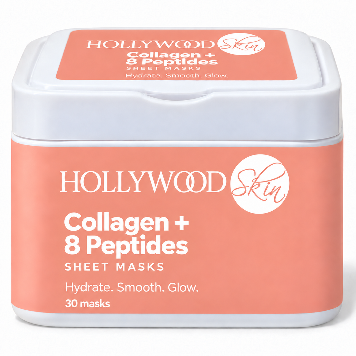 Hollywoodskin Collagen + 8 Peptides Sheet Masks, 30 masks in a white tub with coral wrap label and white logo.