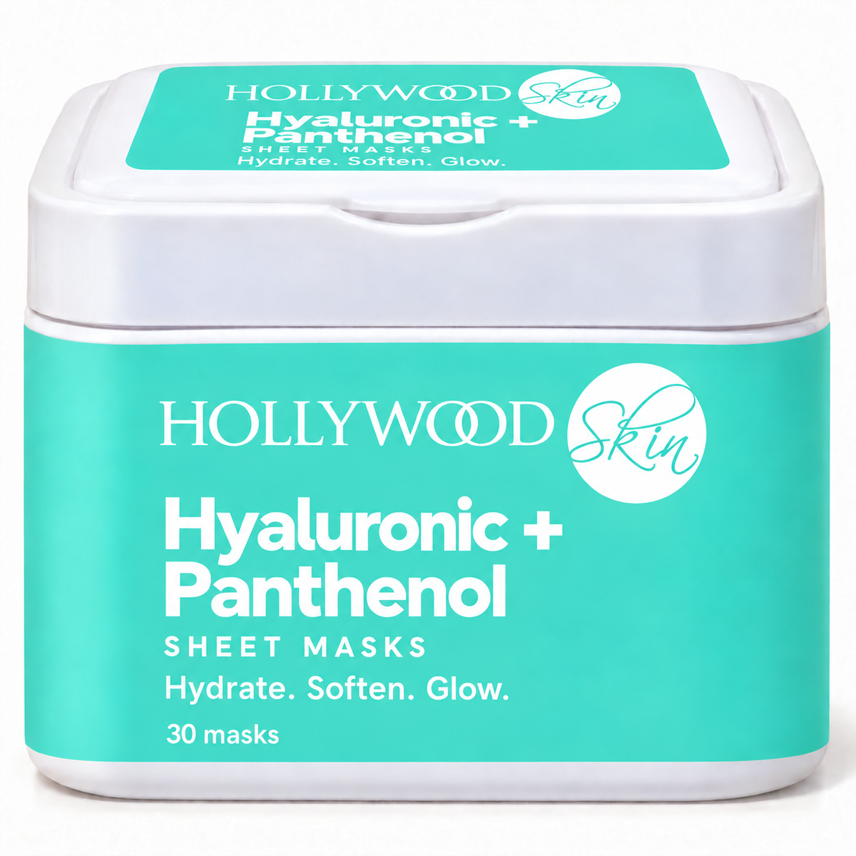 Hollywoodskin Hyaluronic + Panthenol Sheet Masks, 30 masks in a white tub with mint wrap label and white logo.
