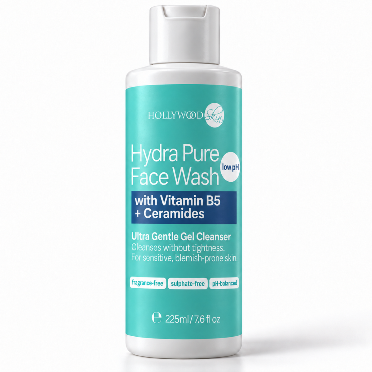 Hollywoodskin Hydra Pure Face Wash 225 ml, fragrance-free gel cleanser with vitamin B5 and ceramides.
