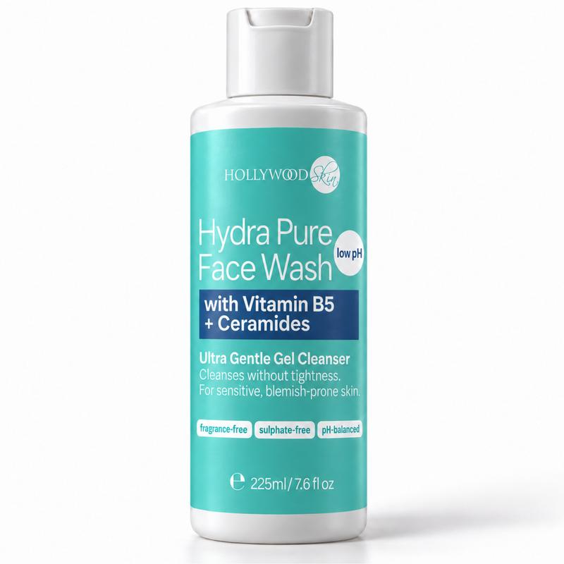 Hollywoodskin Hydra Pure Face Wash 225 ml, fragrance-free gel cleanser with vitamin B5 and ceramides.