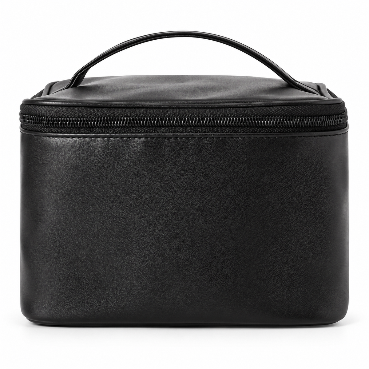 Soft Spell black PU makeup bag with carrying handle and zip closure on a white background.