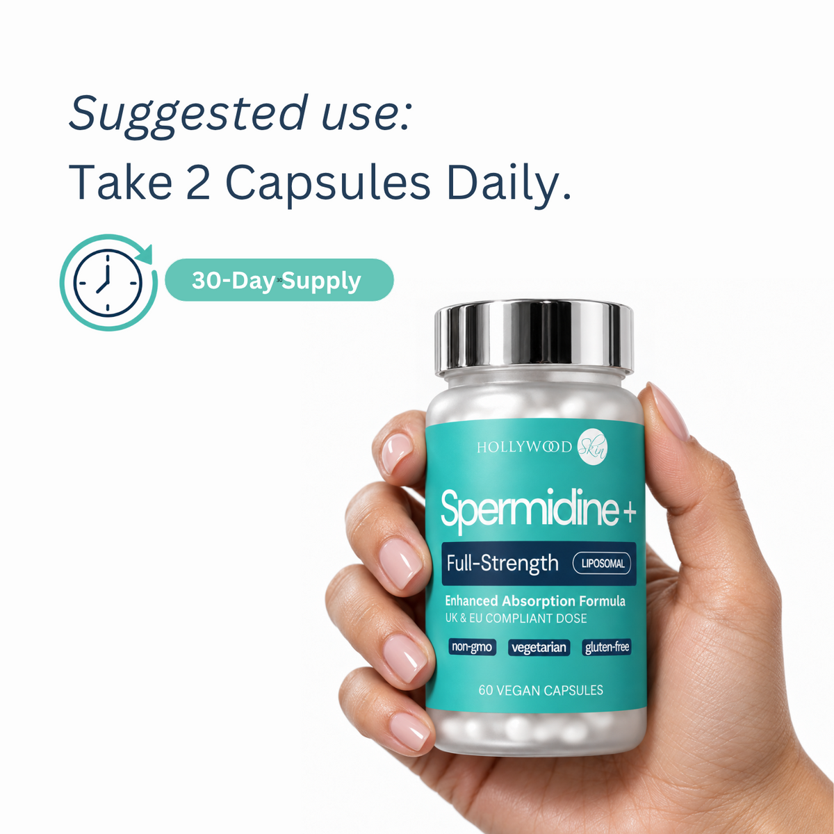 Spermidine+ suggested use: two capsules daily, 30 servings per bottle.