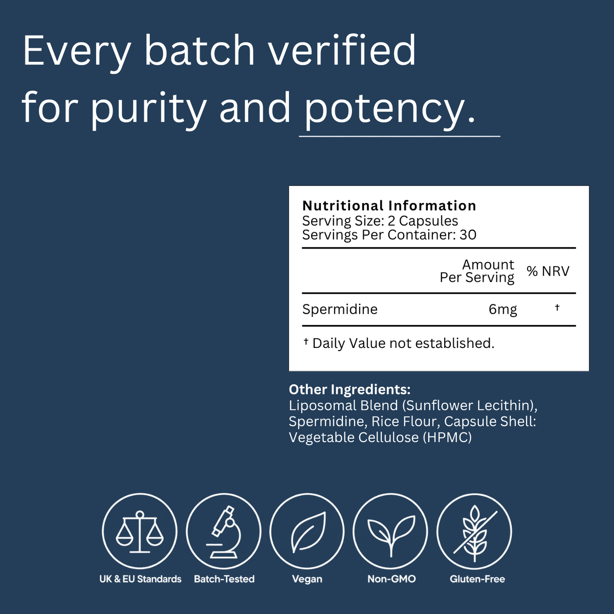 Spermidine+ nutrition information showing 6 mg spermidine per two capsules.