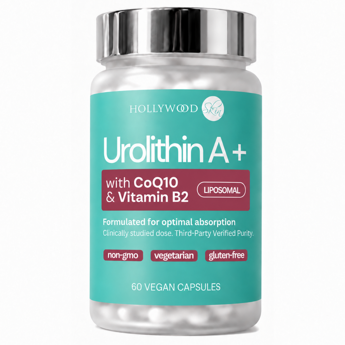 Hollywoodskin Urolithin A+ with CoQ10 and vitamin B2, 60 vegan capsules.