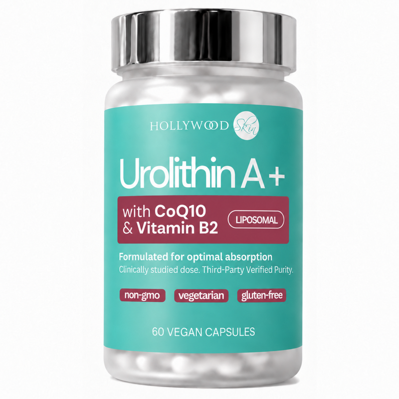 Hollywoodskin Urolithin A+ with CoQ10 and vitamin B2, 60 vegan capsules.