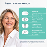 Urolithin A+ lifestyle image featuring an older woman and product information.