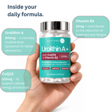 Hand holding Urolithin A+ with ingredient amounts for urolithin A, CoQ10 and vitamin B2.