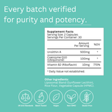 Urolithin A+ supplement facts: 500 mg urolithin A, 100 mg CoQ10 and 10 mg vitamin B2 per two capsules.